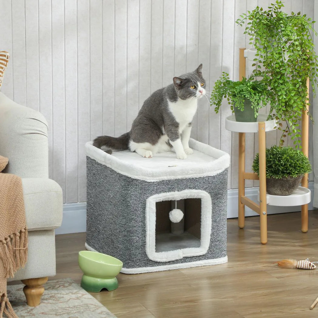 PawHut 2-Level Cat House with Top Bed and Fluffy Balls – Cosy Indoor Cat Cave for Kittens, Grey