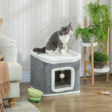 PawHut 2-Level Cat House with Top Bed and Fluffy Balls – Cosy Indoor Cat Cave for Kittens, Grey