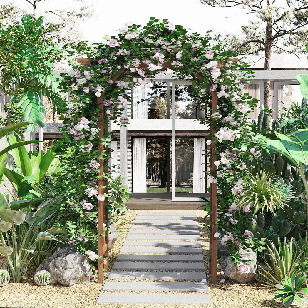 Outsunny Wooden Garden Arch with Pergola-Style Roof – Fir Wood Arbour Trellis for Climbing Plants