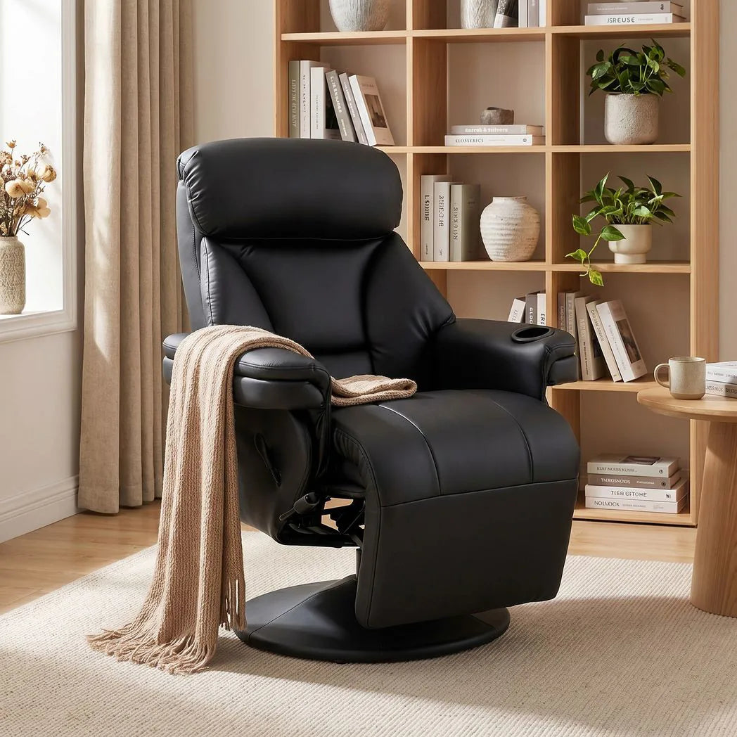 HOMCOM PU Leather Manual Recliner Armchair with 360° Swivel, Footrest and Cup Holder – Living Room Chair, Black
