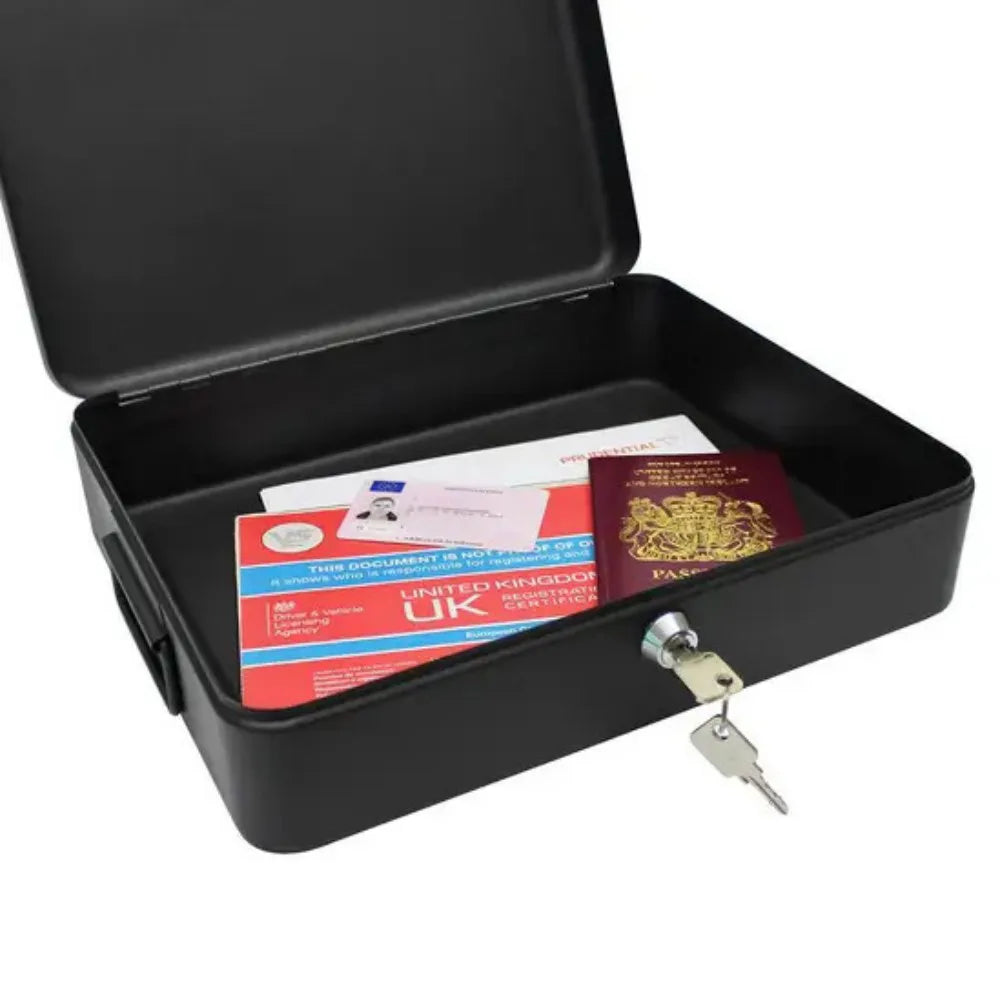 12 Inch Steel Security Cash Box with Key Lock and Wall Fixing Kit – Document and Valuables Safe, Black