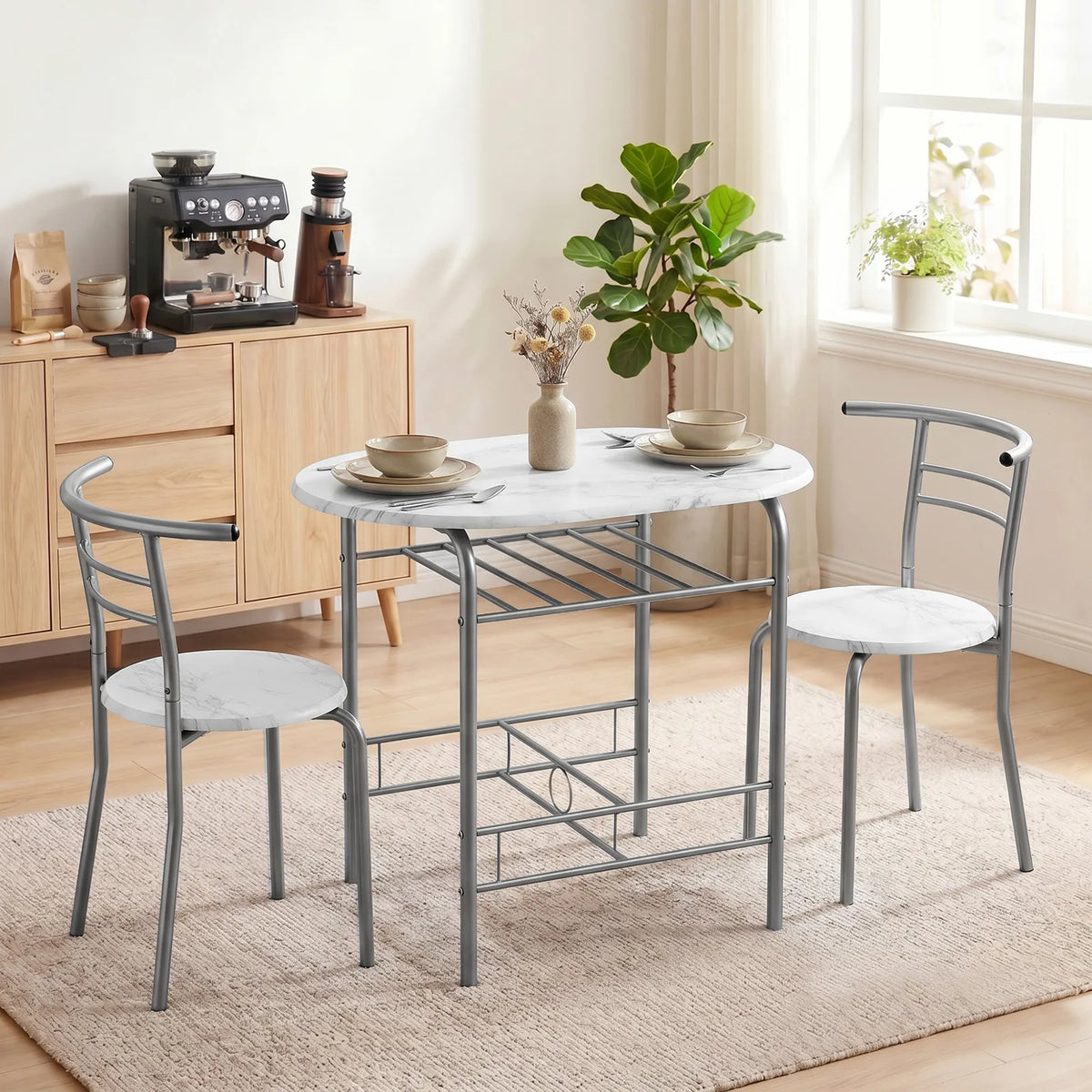 HOMCOM Three-Piece Compact Dining Set with Table Shelf and 2 Chairs – Breakfast Set, White Marble Effect
