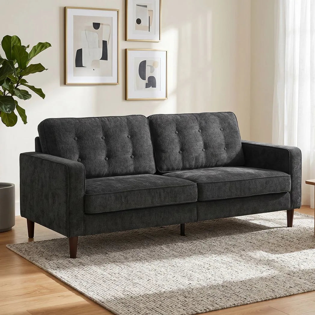 HOMCOM 3 Seater Sofa with Button-Tufted Back and Rubberwood Legs – Velvet-Feel Couch, Dark Grey