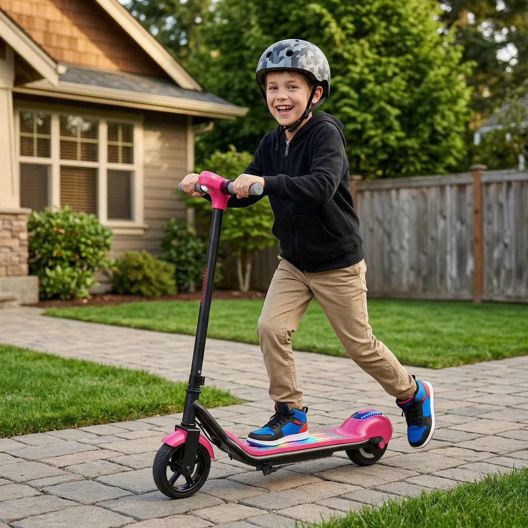 SPORTNOW Electric Scooter for Kids with LED Display, RGB Lights and Handbrake – Kick-to-Start, Pink