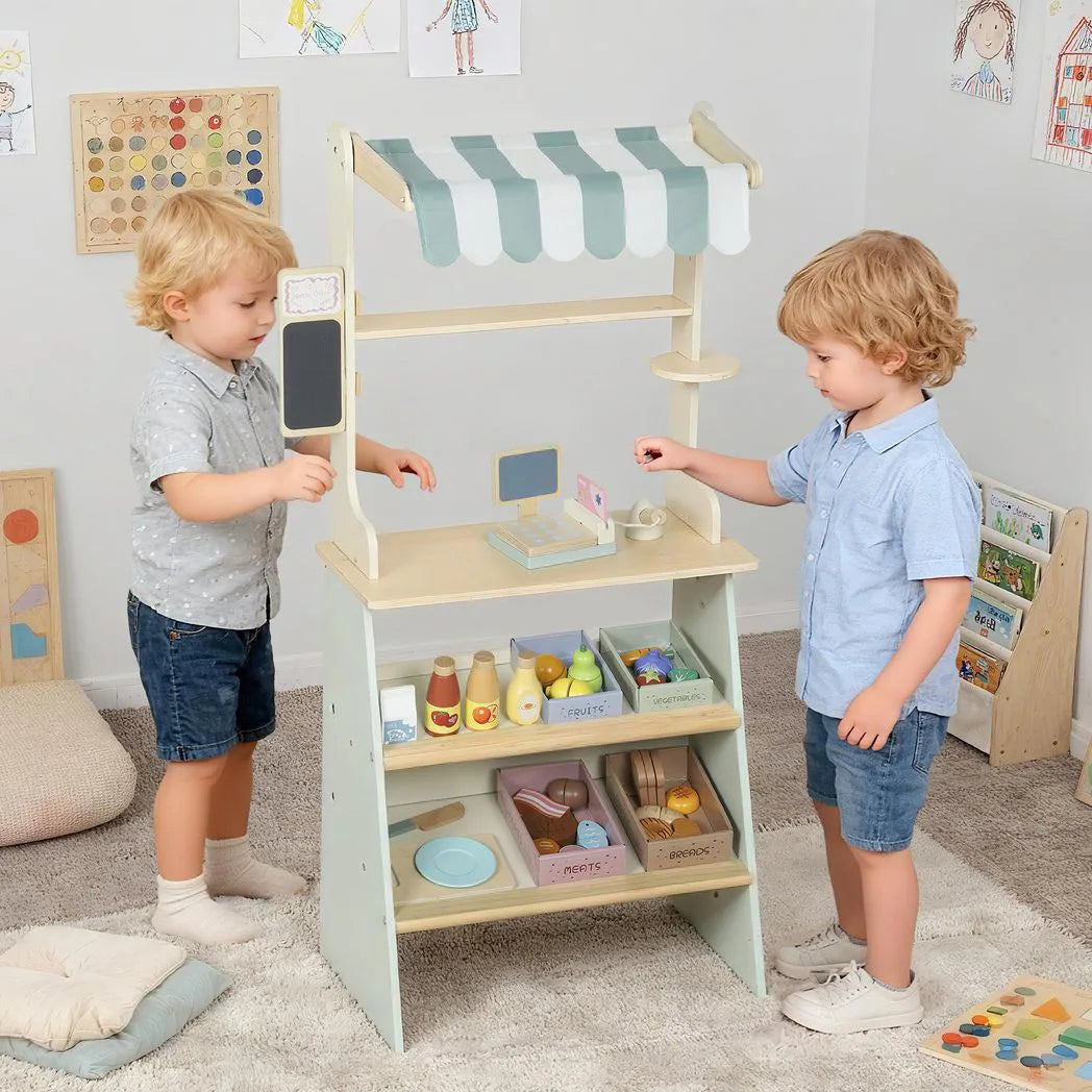 AIYAPLAY Wooden Toy Shop with Cash Register, Blackboard, Toy Food & 4 Storage Boxes – Market Stall, Green