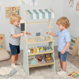 AIYAPLAY Wooden Toy Shop with Cash Register, Blackboard, Toy Food & 4 Storage Boxes – Market Stall, Green
