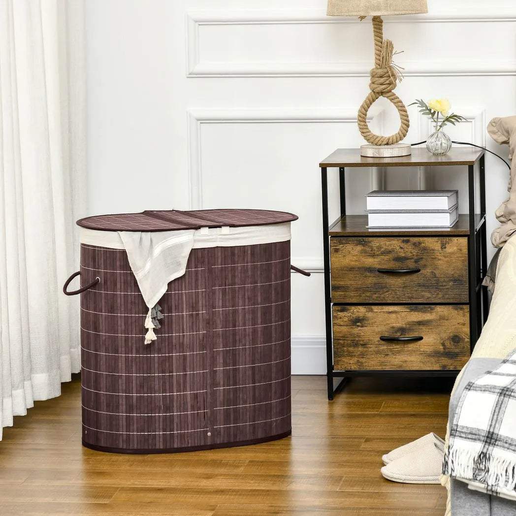 HOMCOM 100L Bamboo Laundry Basket with Lid, 2 Compartments & Removable Liner – Washing Hamper, Brown