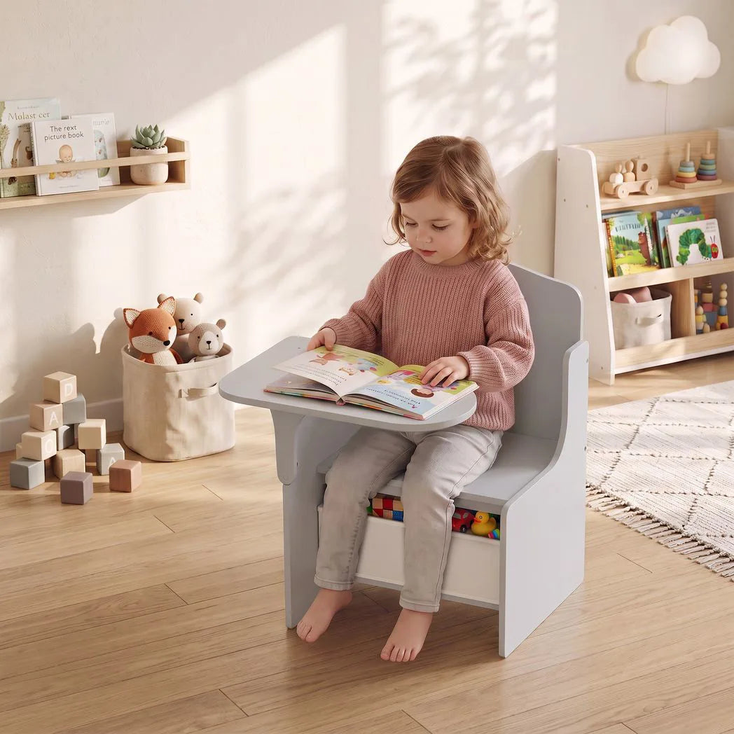 AIYAPLAY Kids Table and Chair Set with Storage Bin – Children's Desk for Playing, Reading & Painting, Ages 3-5, Grey