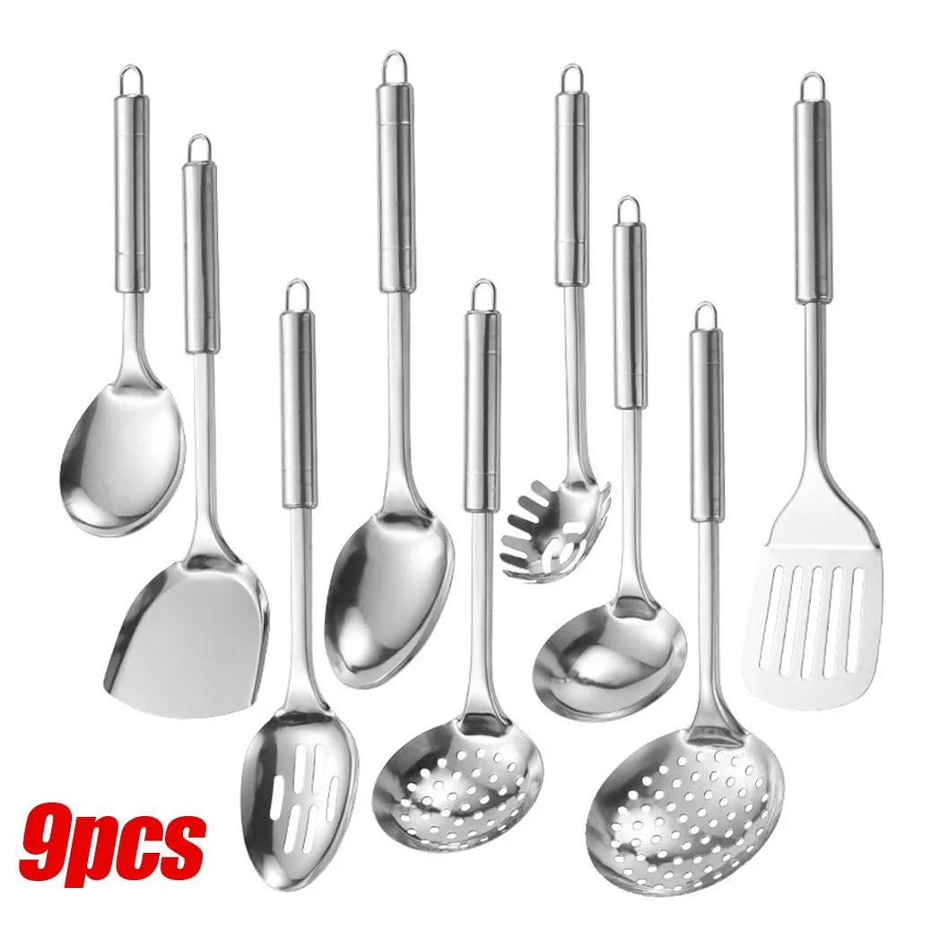 9-Piece Stainless Steel Kitchen Utensil Set with Ergonomic Handles and Hanging Holes – Cooking Tools
