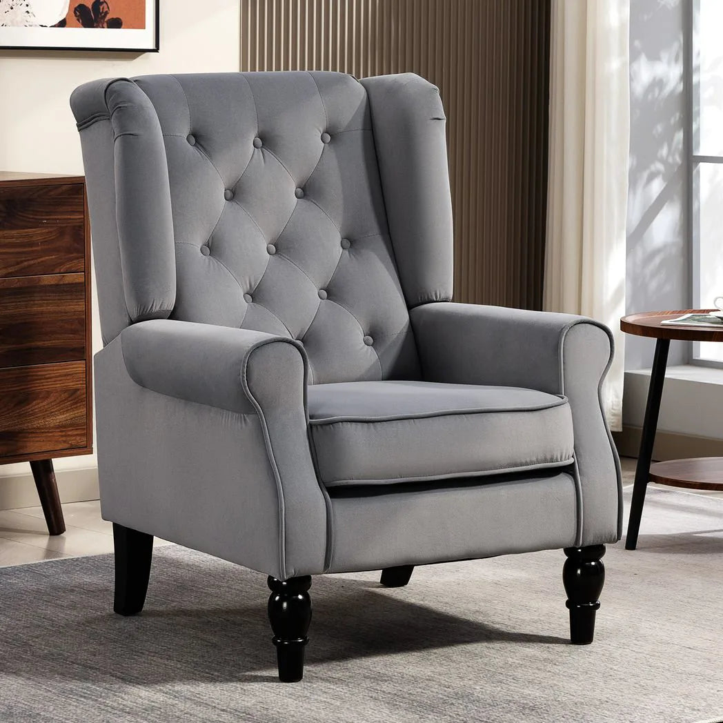 HOMCOM Retro Wingback Accent Chair with Button Tufting & Pocket Springs – Occasional Chair, Light Grey