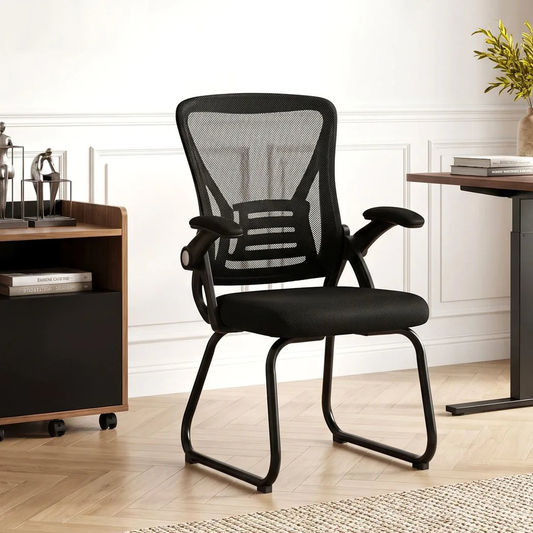 HOMCOM Reception Chair with Mesh Backrest and Flip-Up Armrests – Wheelless Office Chair, Steel Legs, Black