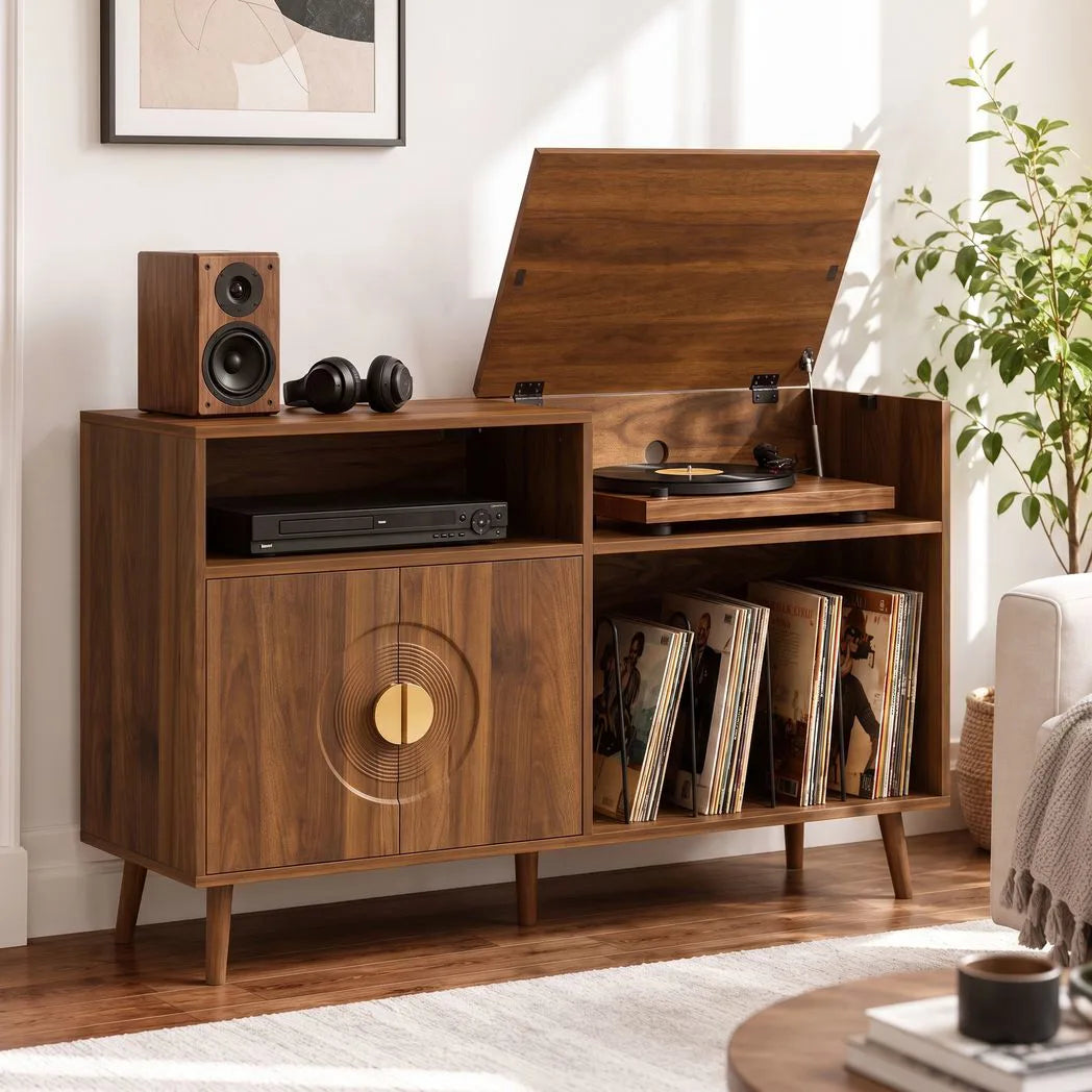 HOMCOM Record Player Stand with Vinyl Storage for up to 300 Albums – Flip-Top Compartment and Cabinet, Walnut