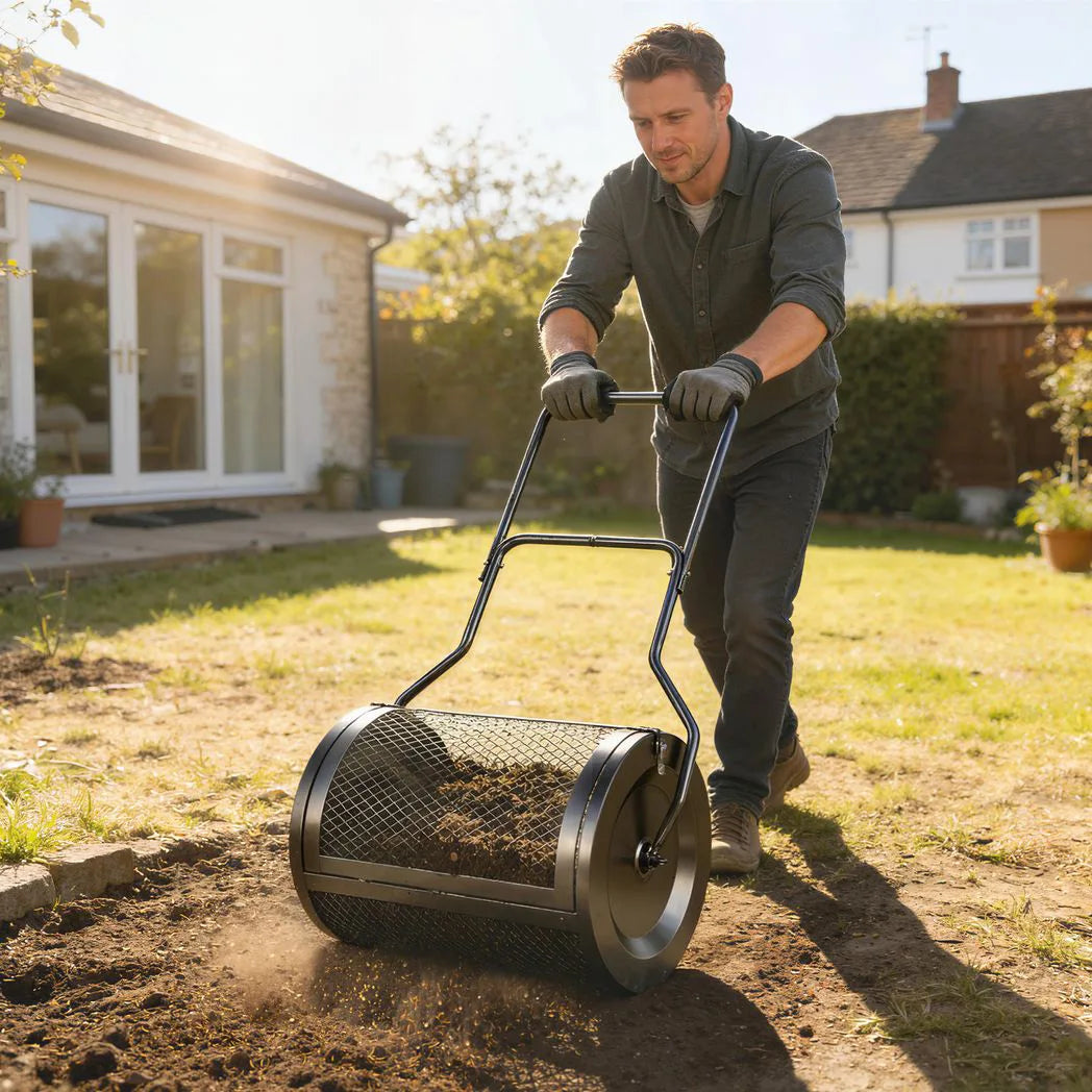 Outsunny 20" Compost and Peat Moss Spreader – 75L Metal Mesh Roller with Detachable U-Shaped Handle