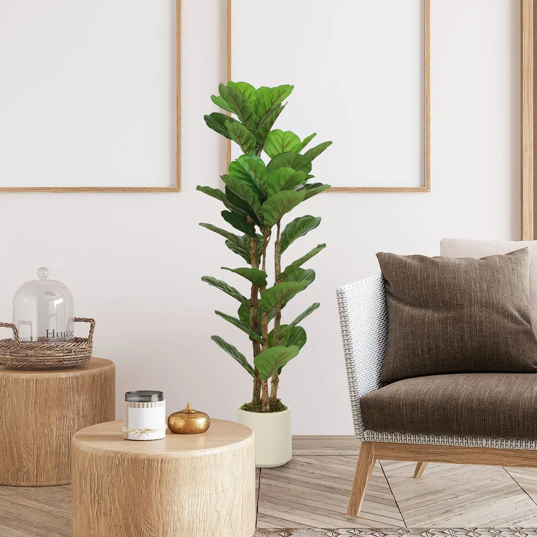 HOMCOM 120cm Artificial Fiddle Leaf Fig Tree with White Pot – Lifelike Faux Plant for Home & Office, Green