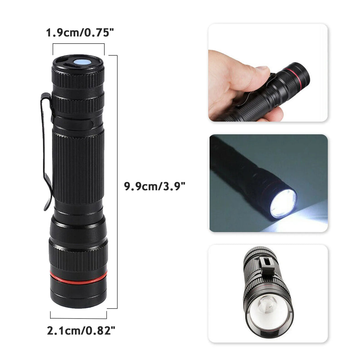 2-Pack USB Rechargeable Mini LED Torches – Adjustable Focus, 3 Lighting Modes, Aluminium, Black