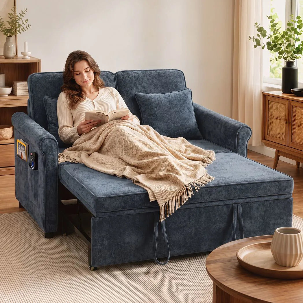 HOMCOM 2 Seater 3-in-1 Sofa Bed with 5-Position Adjustable Backrest – Pull Out Chenille Sleeper, Dark Blue