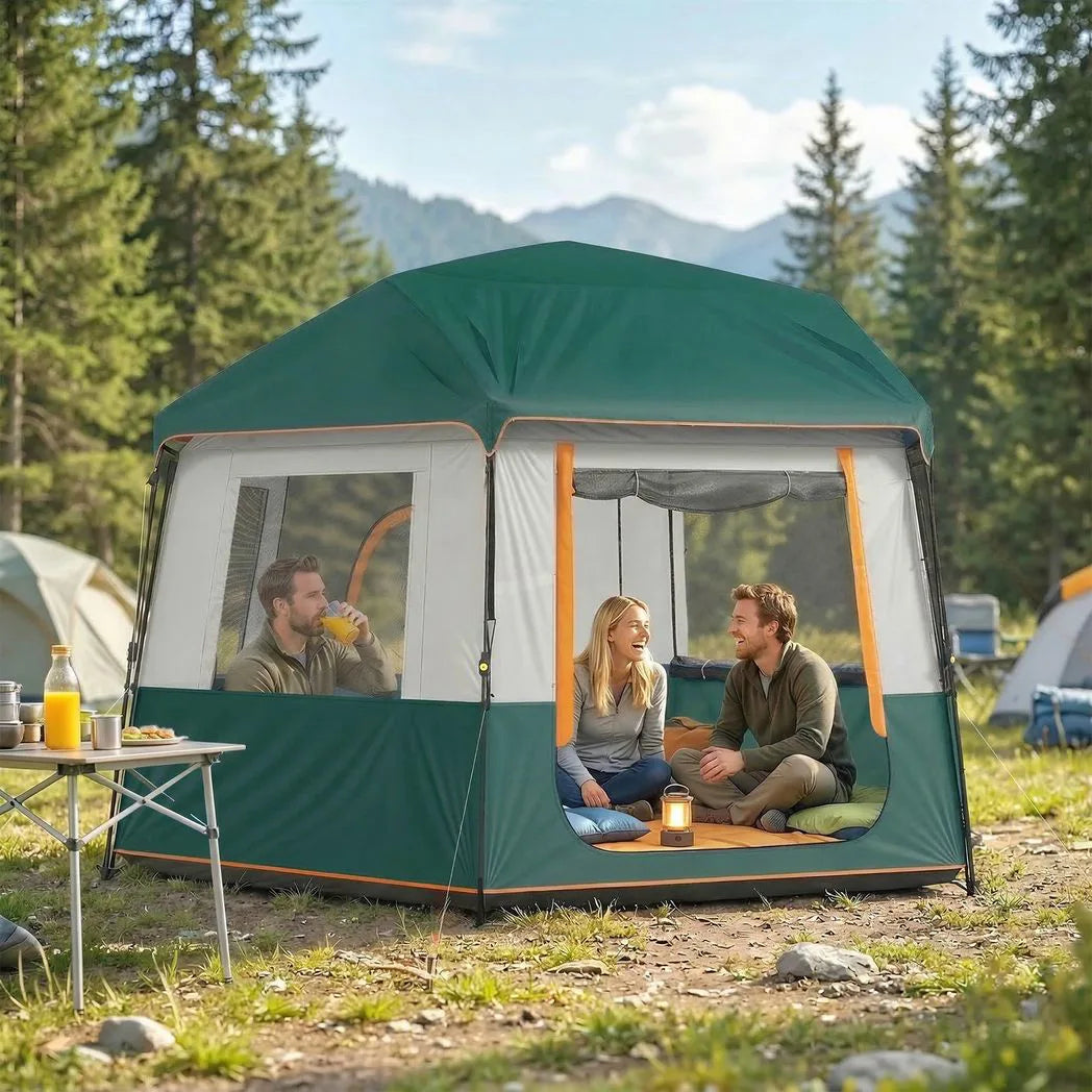Outsunny 4 Person Cabin Tent with Removable Roof & Easy Setup Frame – 3000mm Waterproof Camping Tent, Green
