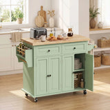 HOMCOM Rolling Kitchen Island with Rubberwood Top, Drawers & Cabinets – Dining Room Storage Trolley, Light Green