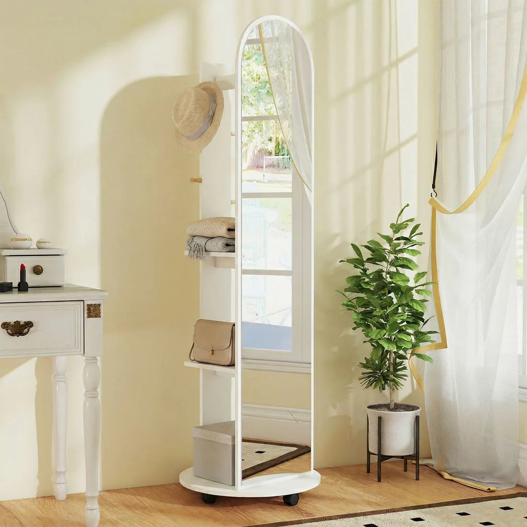 HOMCOM 2-in-1 Full Length Mirror with Storage Shelves, Floor Mirror with 4 Wheels, Coat Rack, Hooks