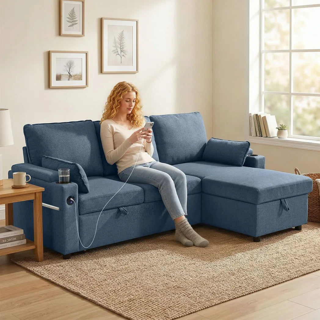 HOMCOM Corner Sofa Bed with Reversible Storage Chaise and USB Charging – L Shaped Sleeper, Blue