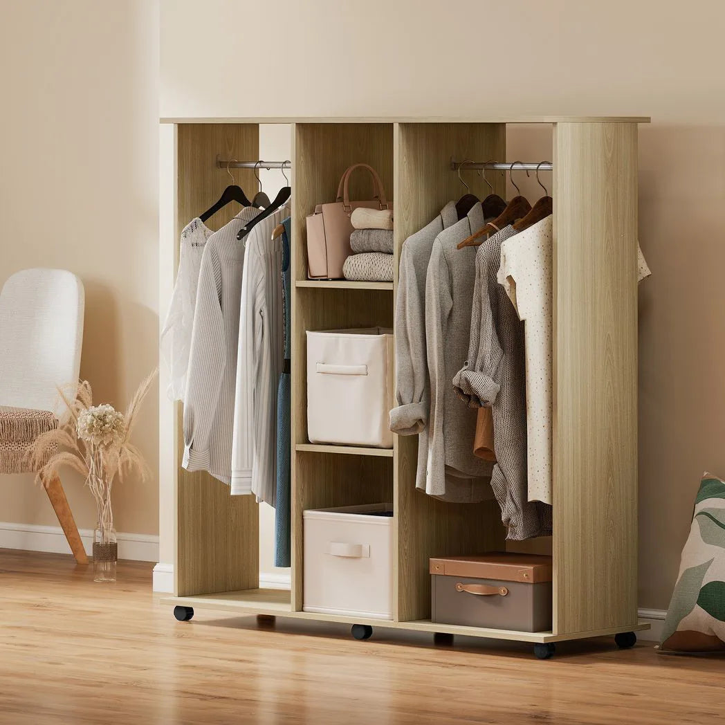 HOMCOM Mobile Open Wardrobe with Double Hanging Rails, 3 Shelves and 6 Wheels – Clothes Organiser, Natural