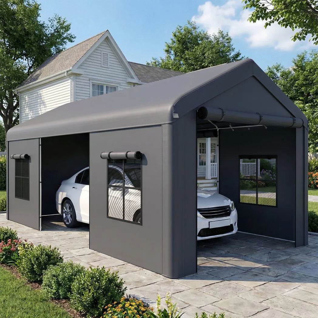 Outsunny Heavy Duty Carport 3 x 6 m – Portable Garage Canopy Tent with Galvanised Steel Frame, Doors & Windows, Dark Grey