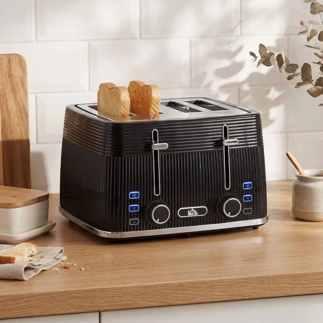 HOMCOM 4 Slice Toaster with 7 Browning Levels, Dual Controls, Defrost and Reheat, Crumb Tray, Black