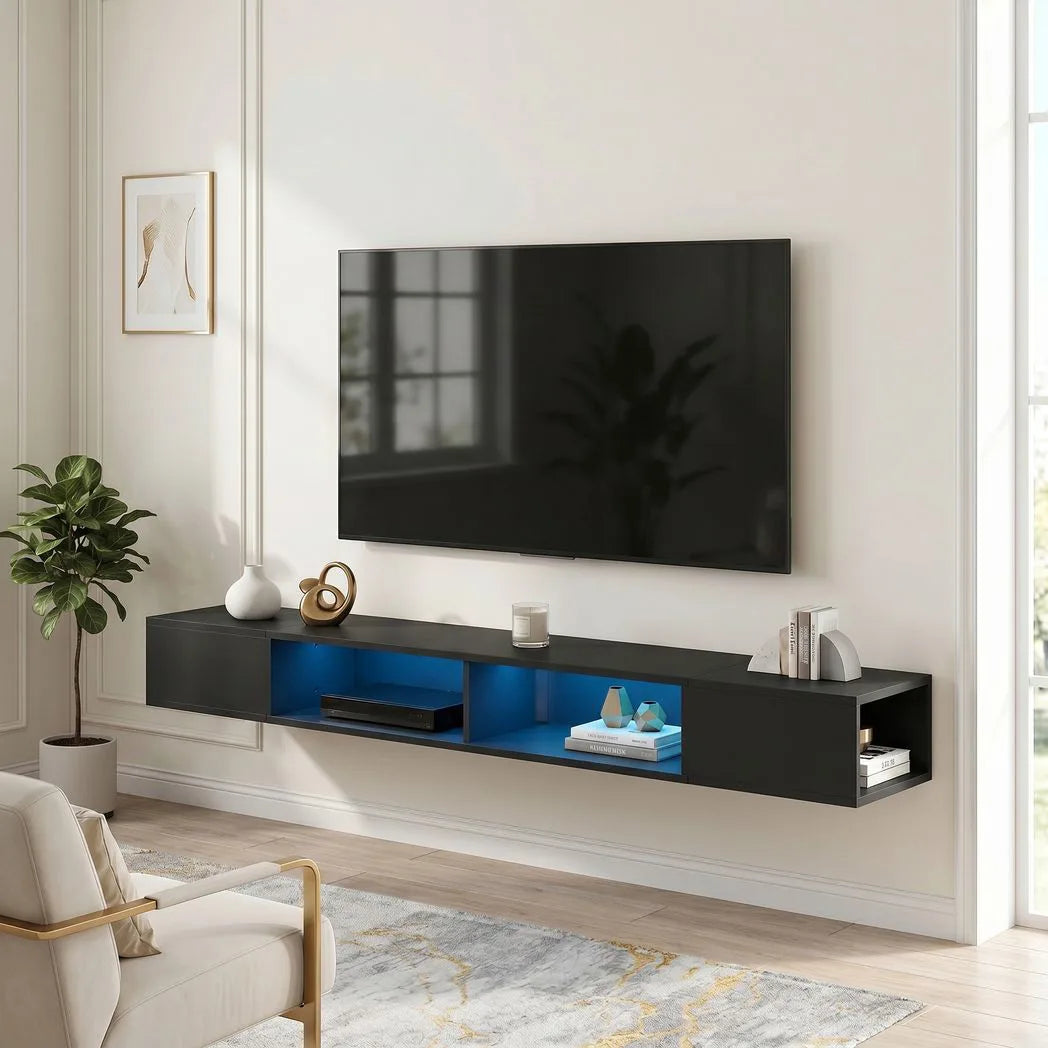 HOMCOM Wall Mounted TV Stand with RGB LED Lights – Floating Entertainment Unit for TVs up to 75 Inch, Black