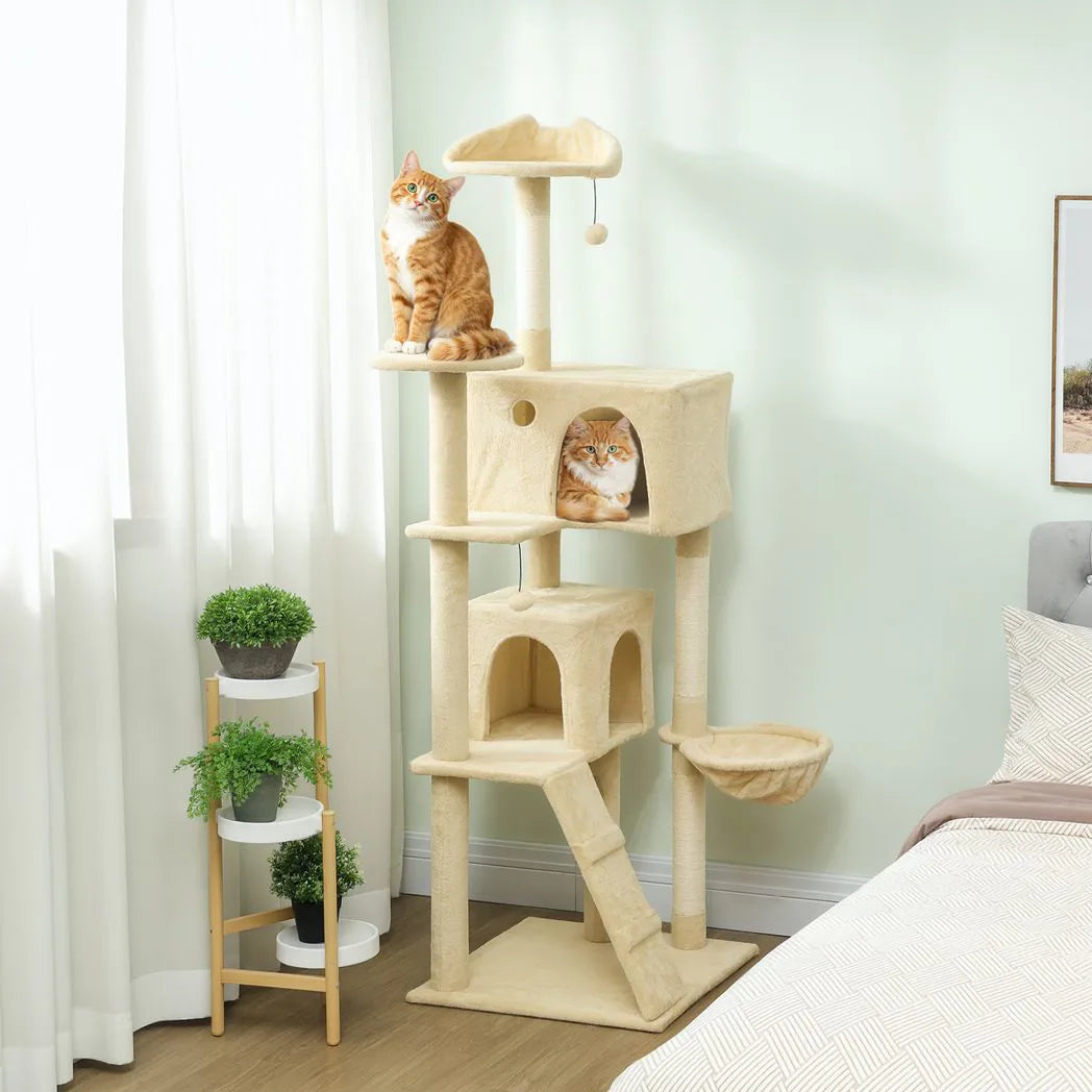PawHut 180cm Large Cat Tree with Sisal Scratching Posts, Condos, Plush Perches, Hammock and Ladder, Beige