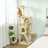 PawHut 180cm Large Cat Tree with Sisal Scratching Posts, Condos, Plush Perches, Hammock and Ladder, Beige