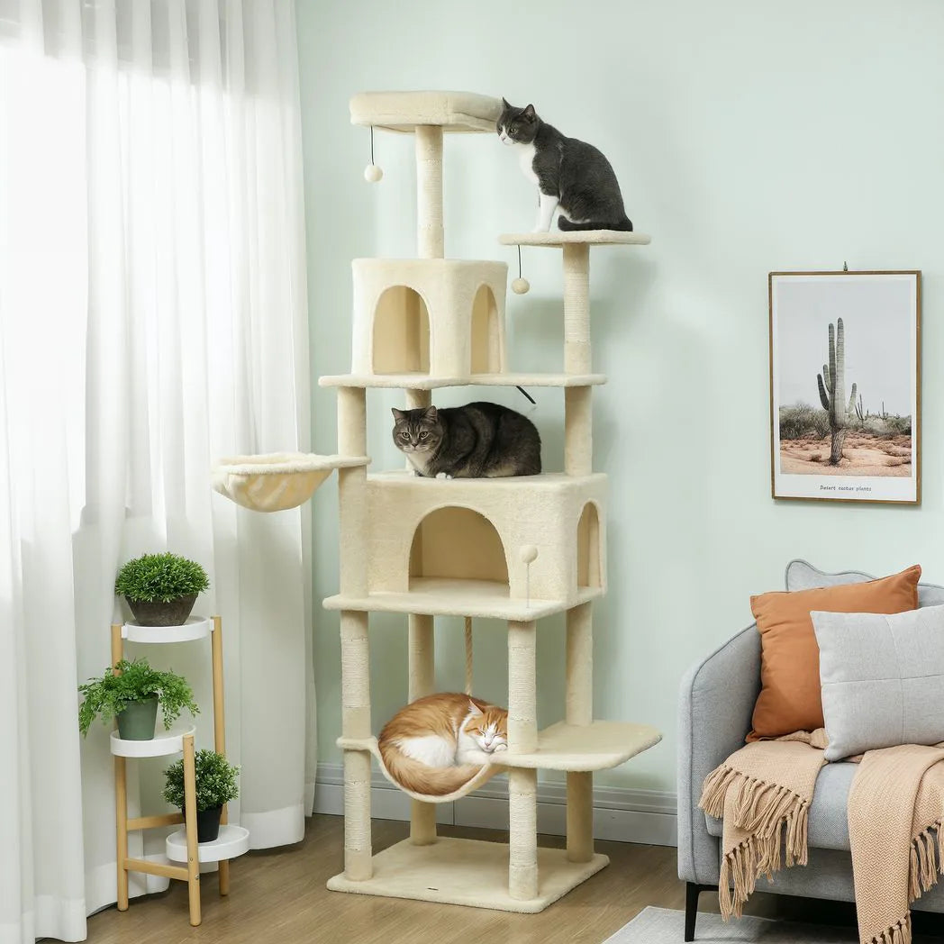 PawHut 202cm Cat Tree with 6 Scratching Posts, 2 Hammocks and 2 Condos – Cat Tower, Beige