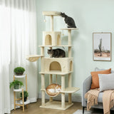 PawHut 202cm Cat Tree with 6 Scratching Posts, 2 Hammocks and 2 Condos – Cat Tower, Beige