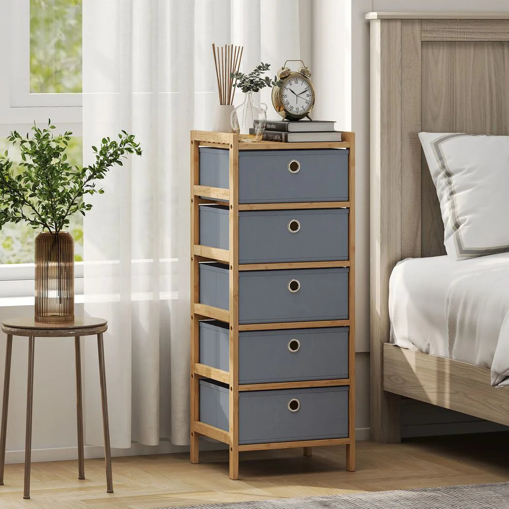 HOMCOM 5-Drawer Narrow Chest of Drawers with Fabric Drawers & Bamboo Frame – Slim Storage, Light Grey