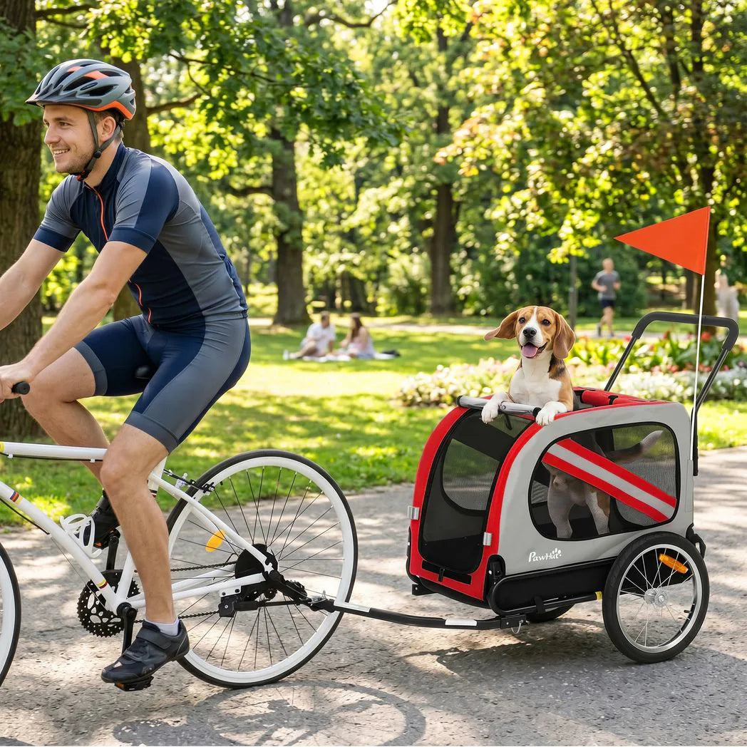 PawHut 2-in-1 Dog Bike Trailer and Pet Stroller with Reflectors & Flag – Foldable Pet Carrier, Red