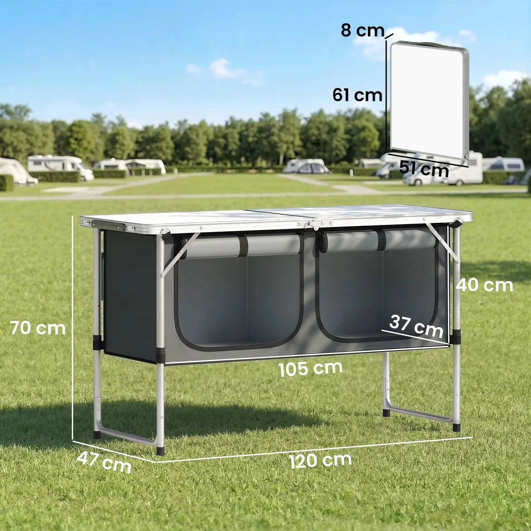 Outsunny Folding Aluminium Camping Kitchen with Storage Cupboard and 120cm Tabletop – Outdoor BBQ Unit