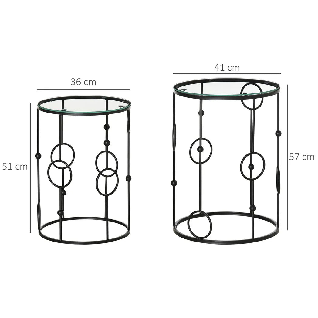 HOMCOM Nesting Round Coffee Table Set of 2 with Glass Tops – Space-Saving Side Tables, Black
