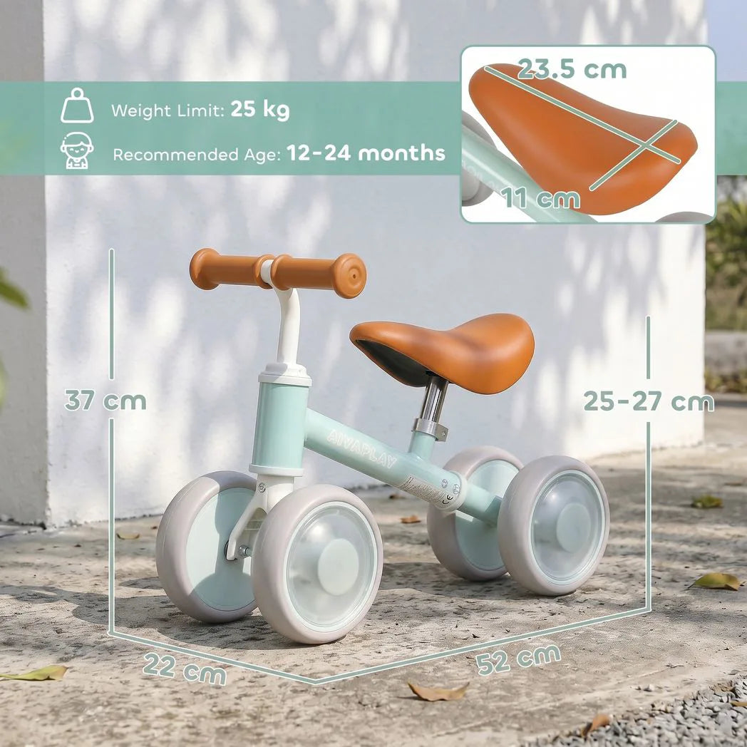 AIYAPLAY Baby Balance Bike for 1–2 Years with Four Light-up EVA Wheels and Adjustable Seat – Toddler Ride-On, Green