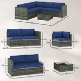 Outsunny 4 Piece Rattan Garden Corner Sofa Set with Glass-Top Coffee Table & Cushions, Blue