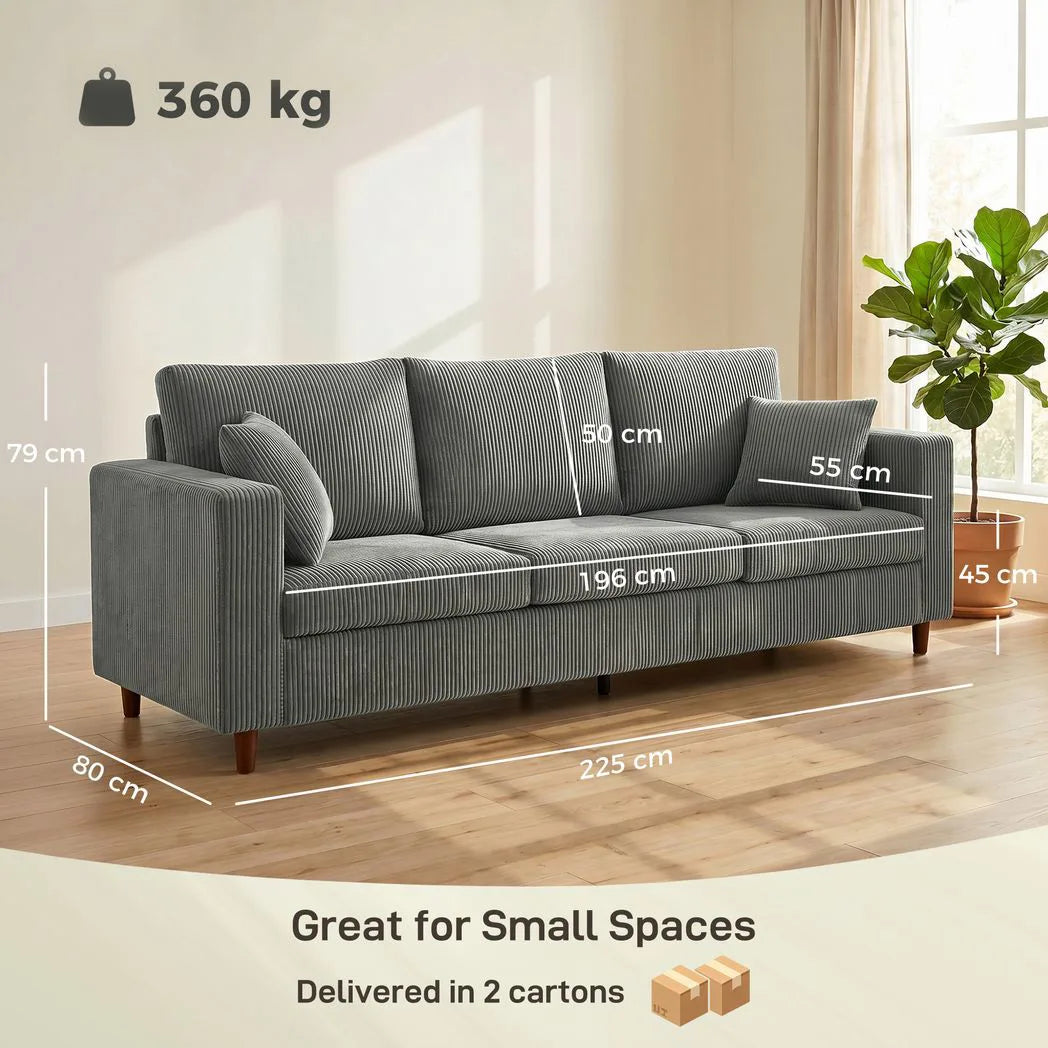 HOMCOM 3 Seater Corduroy Sofa with Extra-Wide 196cm Seat and Pocket Spring Cushions – Light Grey
