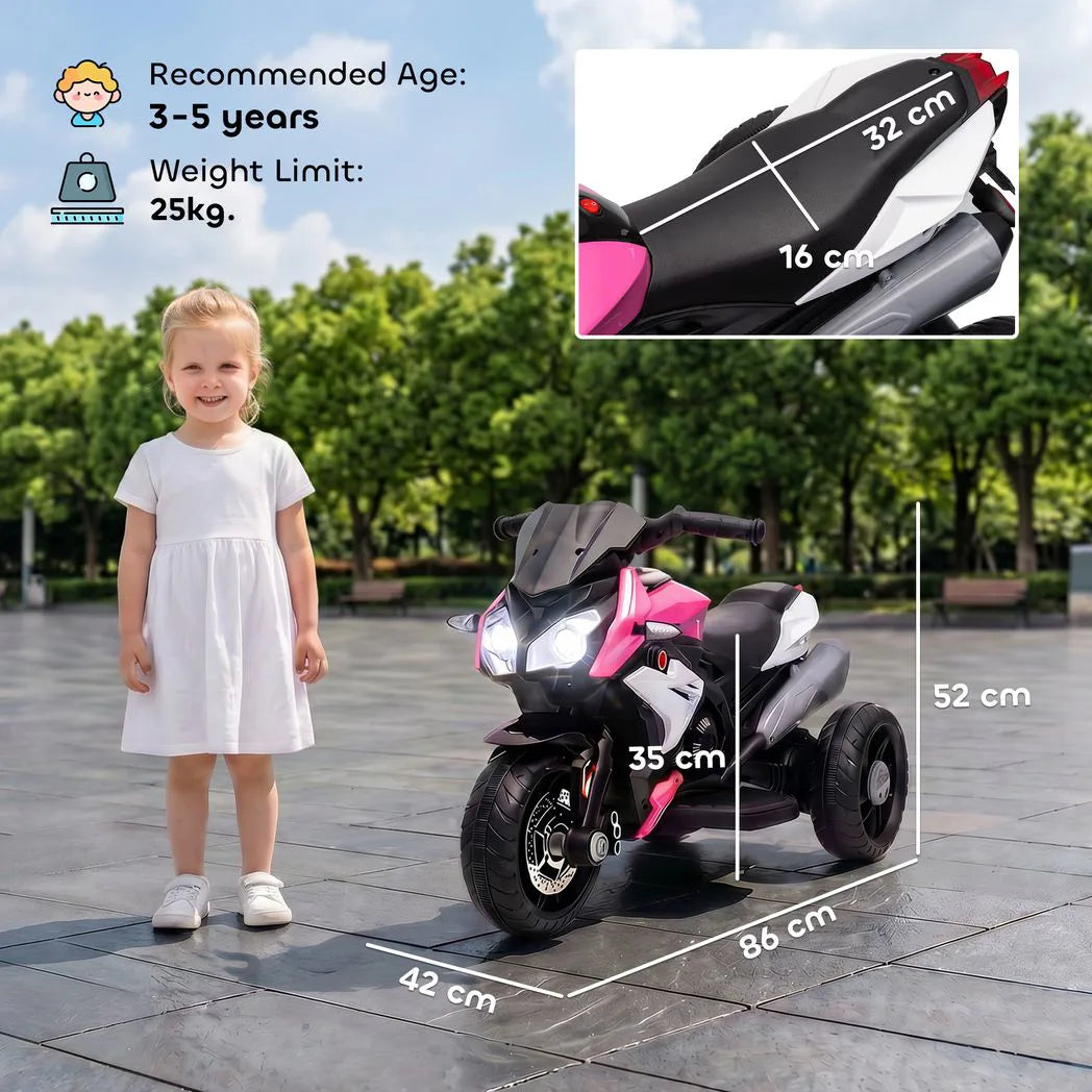 HOMCOM Kids Electric Motorcycle, 6V Three-Wheel Ride-On with LED Headlight, Music & Horn – Ages 3-5, Pink