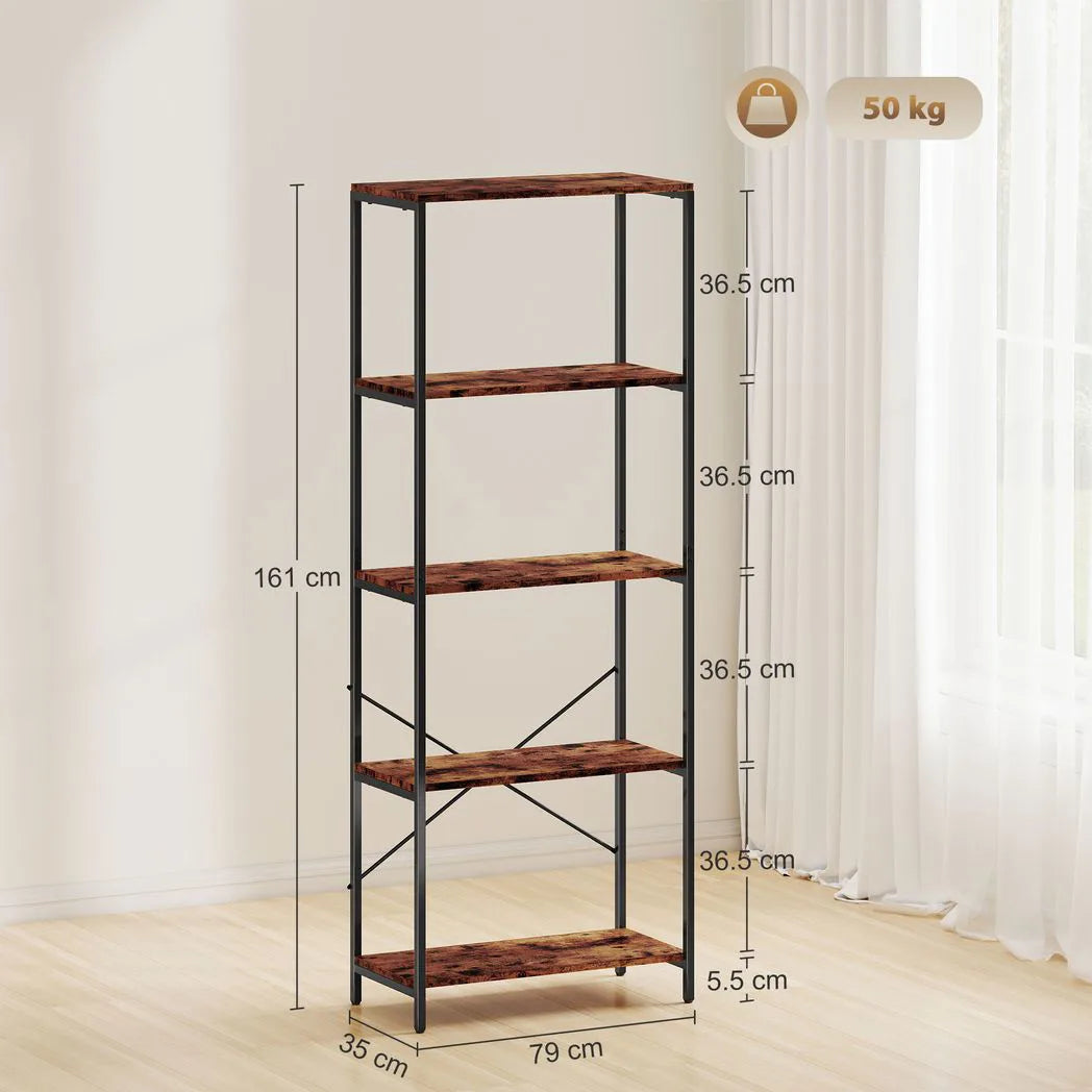 HOMCOM 5-Tier Industrial Bookcase with Metal Frame and Anti-Tipping Straps – Display Shelf, Rustic Brown and Black
