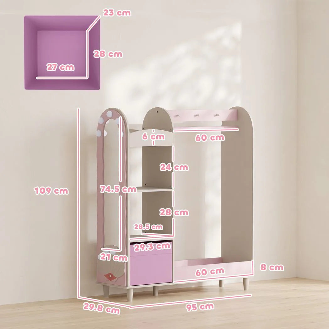 AIYAPLAY Kids Clothing Rack Wardrobe with Glowing Lights Mirror, Fabric Drawer and Shelves, Ages 3–8 – Bedroom, Pink