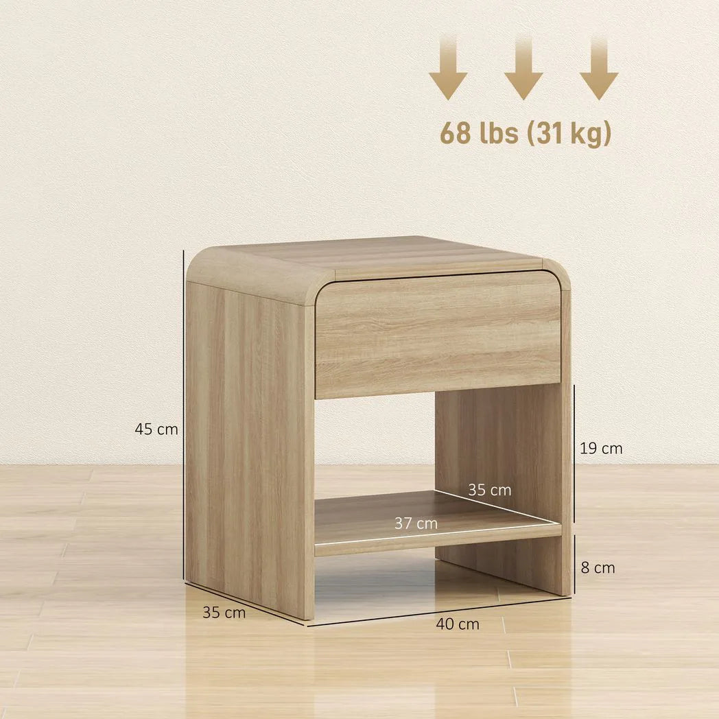 HOMCOM Set of 2 Bedside Tables with Silent Drawer and Open Shelf – Nordic Style Nightstands, Natural