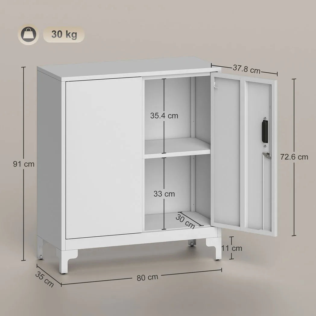 HOMCOM Lockable Metal Filing Cabinet with 2 Shelves, Double Doors & Anti-Tip Straps – Office Storage, White