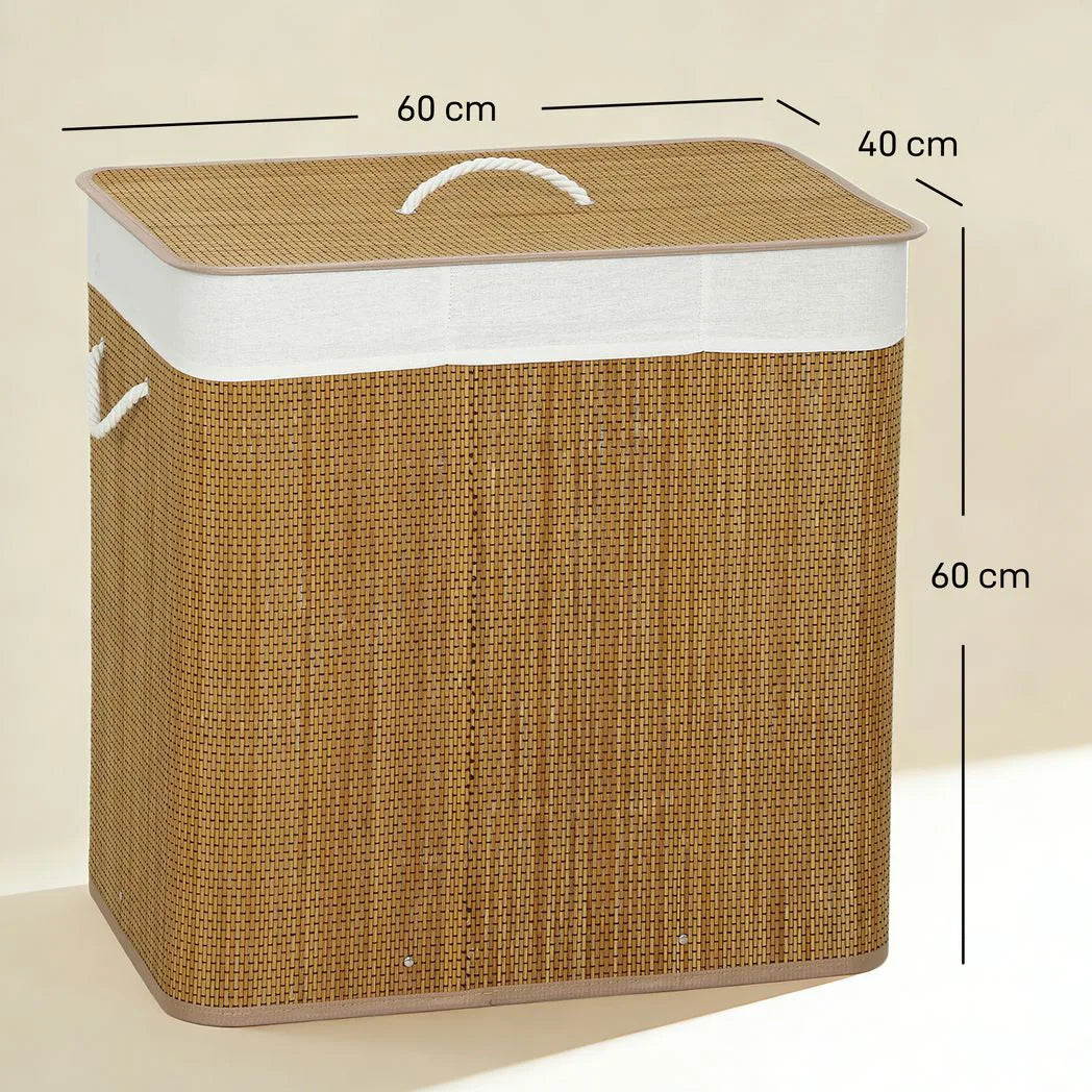 HOMCOM 144L Bamboo Laundry Basket with Lid, 3 Sections, Handles & Removable Washable Liner – Brown