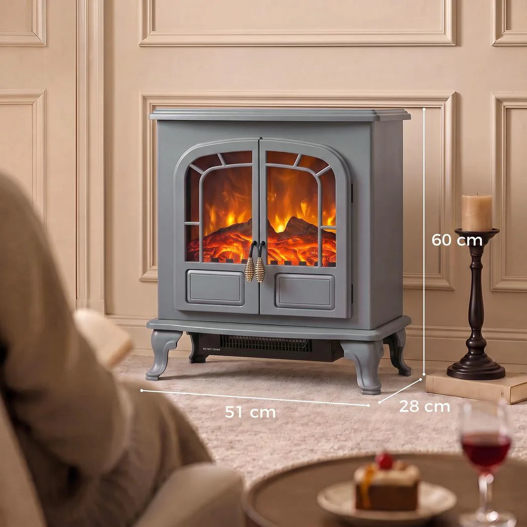 HOMCOM Freestanding Electric Fireplace Stove with LED Flame, 1000W/2000W Heater and Double Doors, Grey