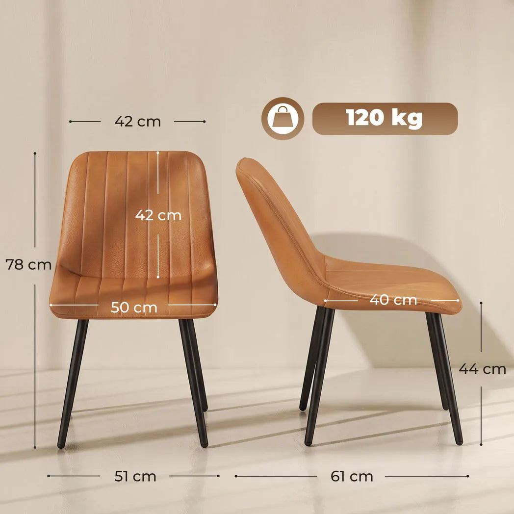 HOMCOM Faux Leather Upholstered Dining Chairs, Set of 2 with Metal Legs – Modern Kitchen Chairs, Brown