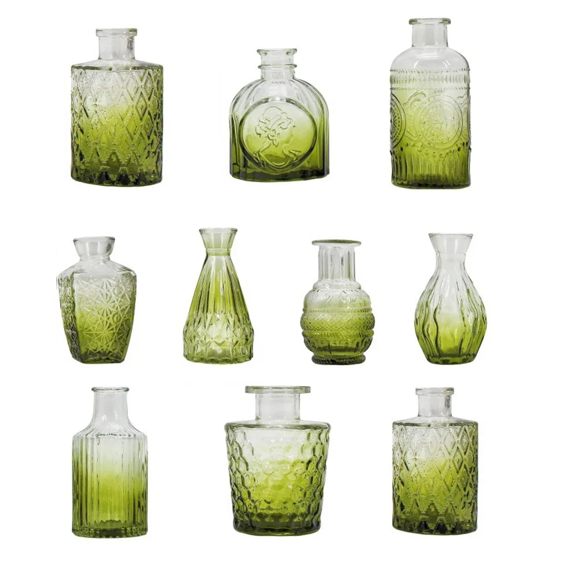 Glass Bud Vases, Set of 12, Small Vintage Embossed Vases for Table Centrepieces, Green