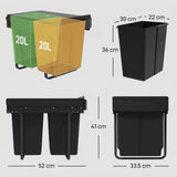 HOMCOM Pull Out Bin with 2 x 20L Removable Compartments – Under Sink Kitchen Waste and Recycling Bin, Black