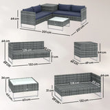 Outsunny 4 Piece Rattan Corner Sofa Set – Two Loveseats, Storage Table and Glass Coffee Table with Cushions, Dark Blue